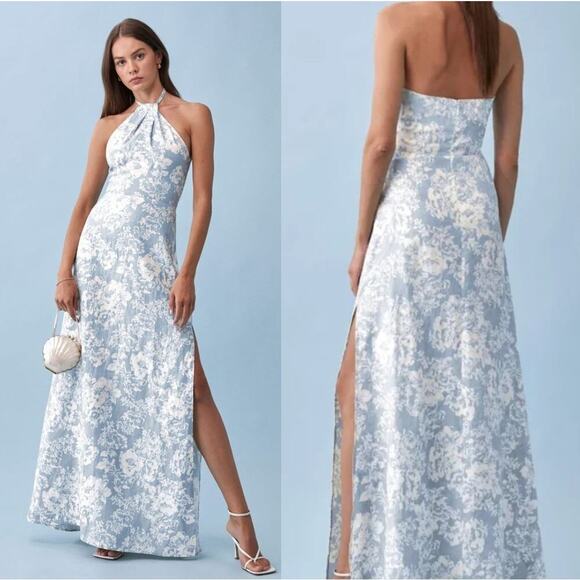 Reformation Dresses & Skirts - Reformation Linen Elmer Dress Porcelain Blue White Floral Halter Slit Size 8